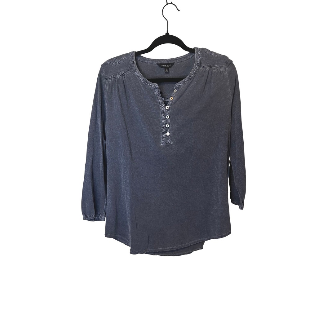 Lucky Brand Blue‎ Henley Embroidered Cotton Tunic Top Women's Size M